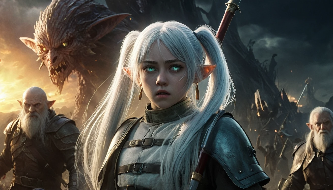 Epic battle scene, photoreal, fantasy, 4 characters: 1 white-haired girl with long twintails, pointy green eyes, wearing white capsule jewelry and earrings, standing in the foreground. Frieren looks surprised as she gazes into the darkness on the horizon, a gleam of determination in her eyes. Behind her, a tall man with short blue hair wields a sword, and an old dwarf with a huge blonde beard, wearing a helmet, grips a staff. A bright flash of light erupts in the background, fading silhouettes of creatures from "The Lord of the Rings" style goblins and monsters appear against the reddish dark skies. The scene captures the ruins of the battlefield, with emotional and dramatic lighting, realistic skin textures, ultra-detailed, with Frieren standing resolute despite the chaos.