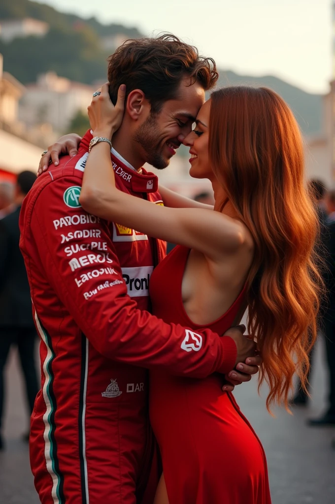 A picture of the driver Charles Leclerc after winning the Monaco race kissing a girl with long wavy reddish brown hair wearing a short red dress