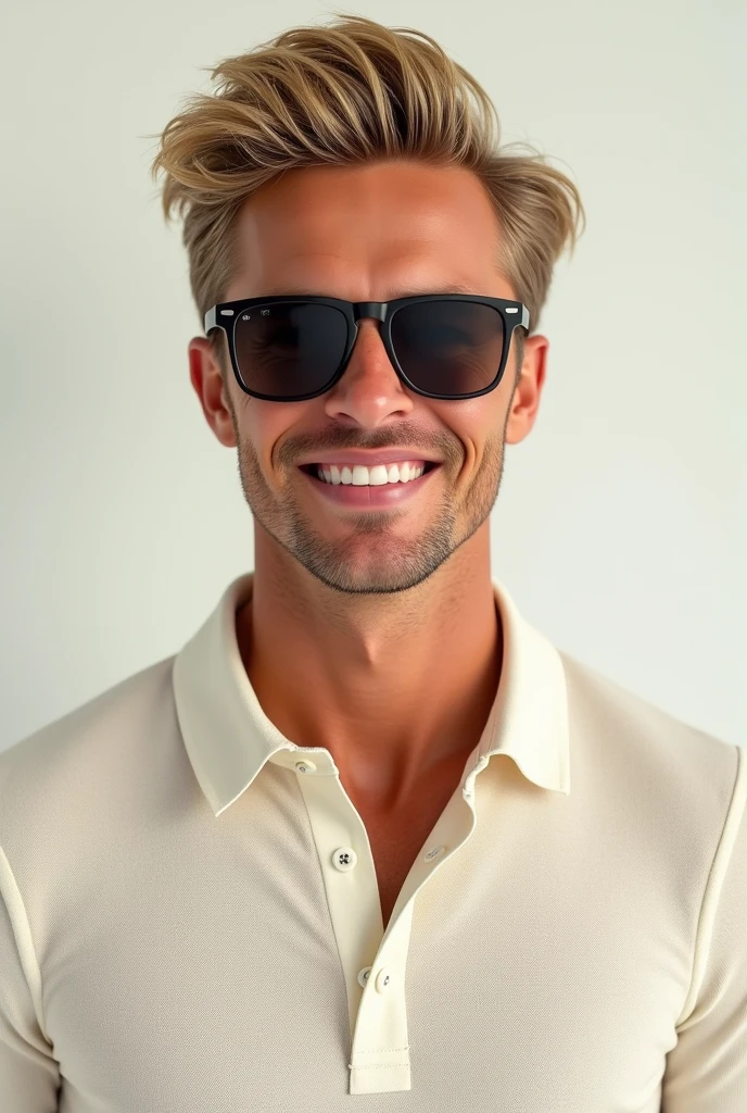 Create an image of a yacht owner wearing a cream knit polo with All the buttons buttoned up and khaki pants. Make him look young and looking straight in the camera with sunglasses. Make the top button buttoned up and make his blonde with a cheesy smile