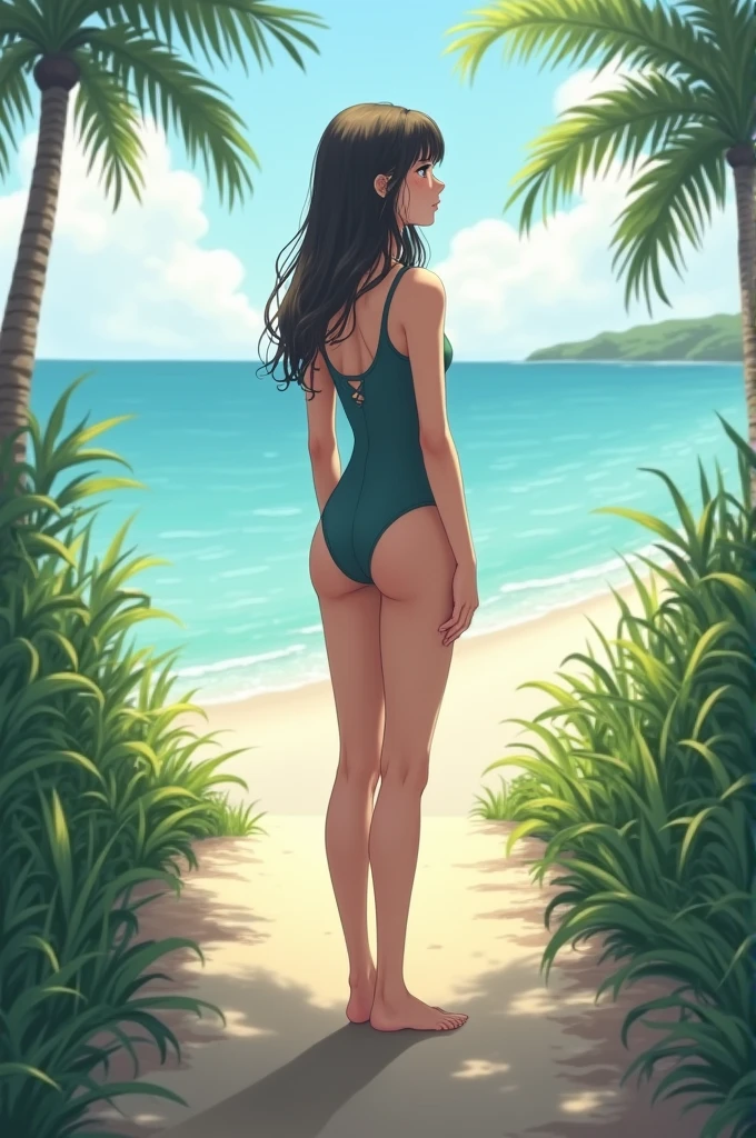 A skinny girl in a bathing suit with a path in front of her that leads to the beach