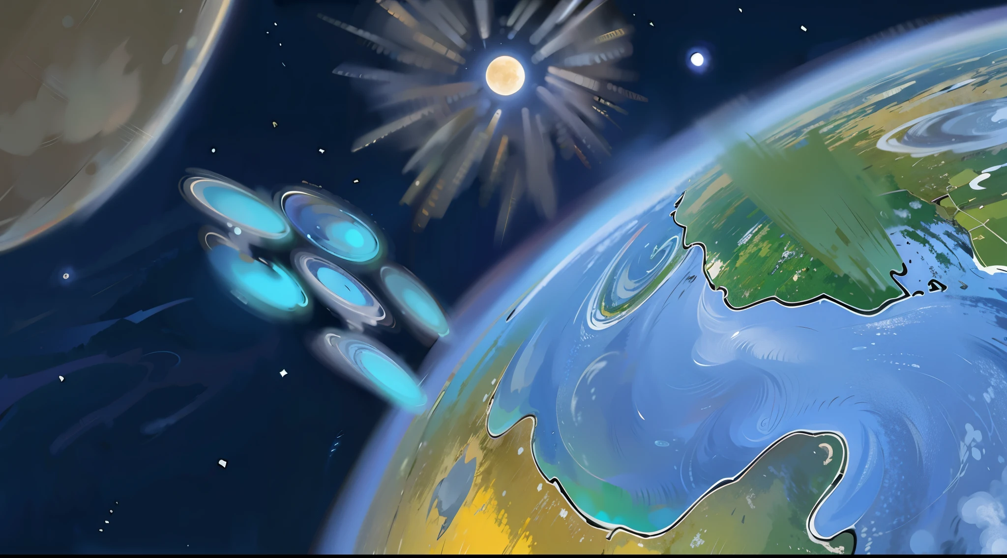 illustration d'un dessin d'une vu spatiale avec la lune et la terre (avec un soleil lumineux en fond dans l'espace étoilées), des météores blueatre magique tombent du ciel, Une illustration, Pluie de météores des Perséides, pendant une tempête de météores, la nuit, qui plane sur la terre in space, Terre à l'extérieur, la nuit scene, illustration colorée, qui plane sur la terre, un océan, abiogenèse, panspermie, détail ajouté, la terre dans le ciel, Planète et étoiles, oeuvre d'arrière-plan