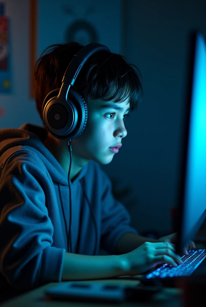 Teenager with headphones on and playing PC

