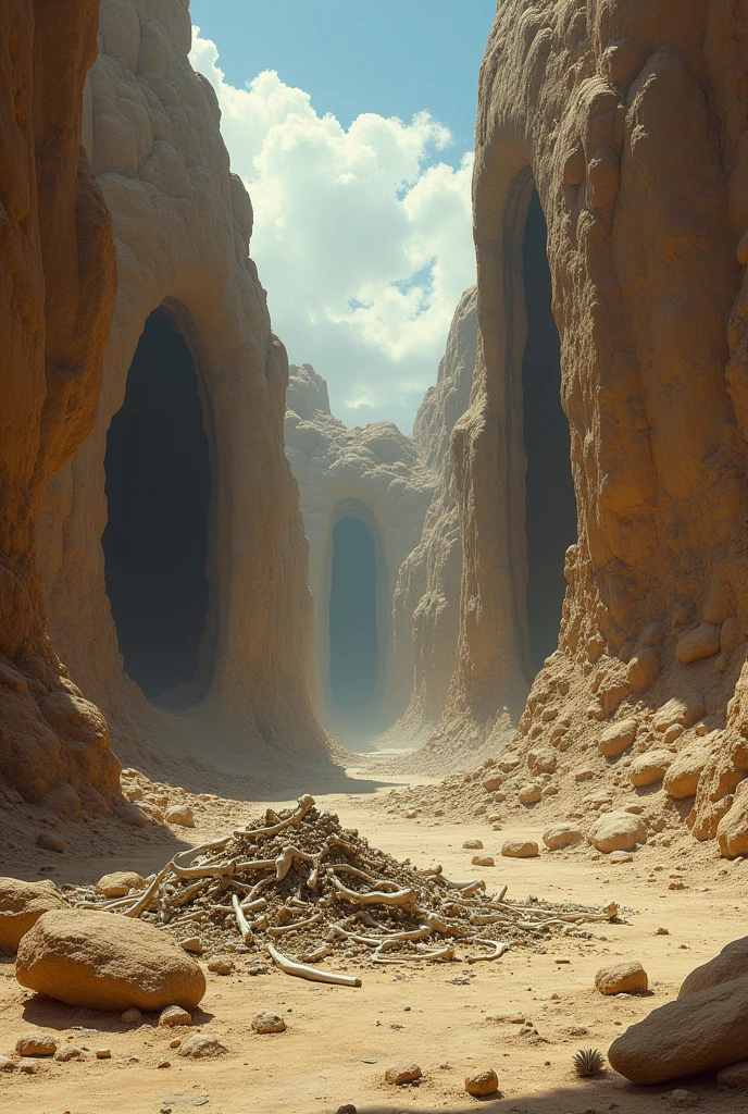 we are in a valley in the desert. The sides of the valley are formed by rocks. On these same sides there are several enormous caves. In the center of the valley there is a pile of bones from various animals and humans..