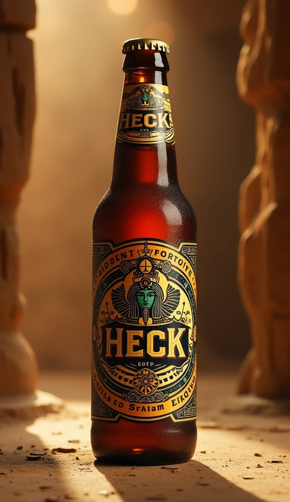 Egyptian themed beer bottle with the name "HECK"