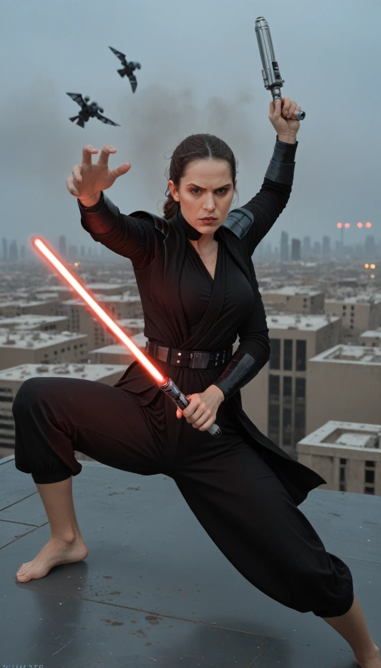 Natalie Portman as Darth Vader, in fighting pose, holding a lightsaber, wears a Darth Vadet clothes, cleavege, (mid shot:2.0) voluptuous legs,  belly is exposed, top, in a rooftop of a futuristic city, at night,  an explosion is in the back, tie fighter are flying in the sky,, barefoot, stormtropper is near