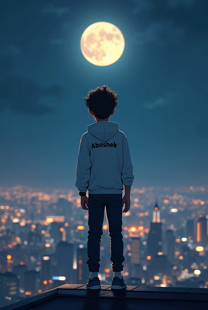 (photorealism:1.2), handsome boy, standing on the top of the roof, wearing white hoodie , black jeans, Curley hair, wearing watch,moon night, city flooded with lights in background, moon night, written 'Abhishek' in backside of hoodie, and watching straight with innocence face.Alphonse Mucha