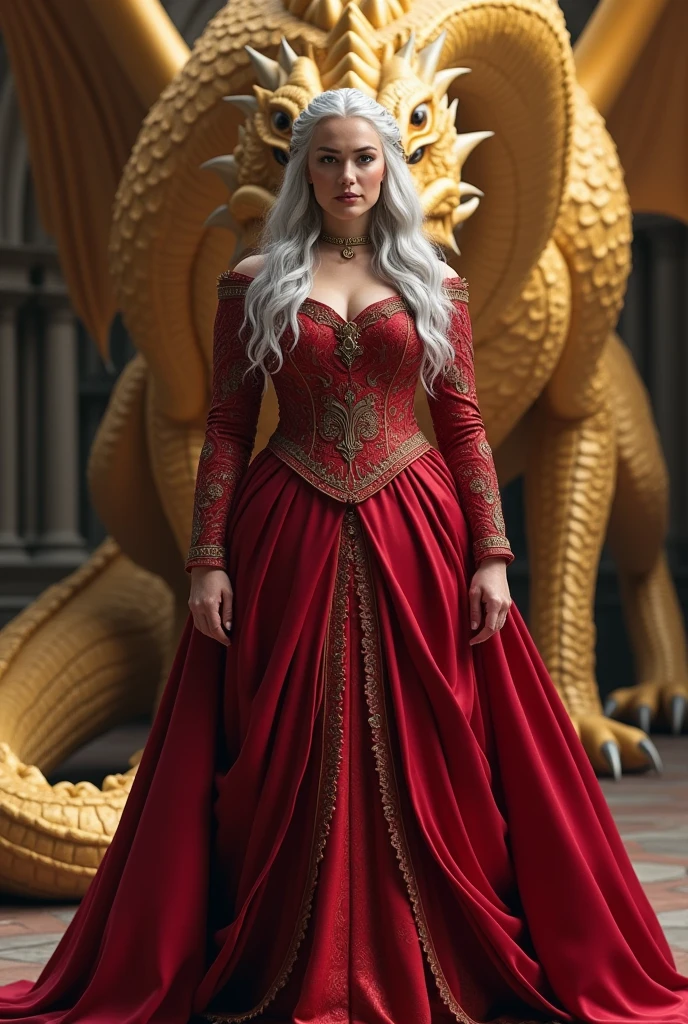 ((best quality)), ((masterpiece)), (detailed), Fat Targaryen woman in silver hair and red dress standing in front of an armless golden dragon