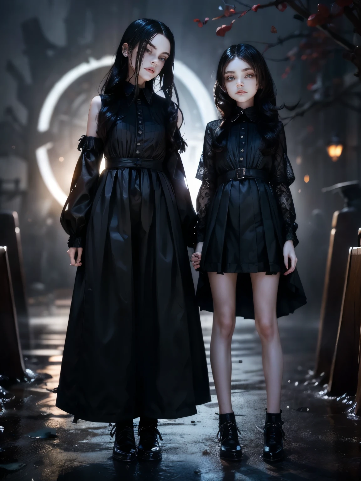 masterpiece, best quality, 2 girls, vampire family, full figure skinny twin sisters, lesbian family, cinematic, moonlight night, best quality, full body shot, an elegant tall slender girl, 8k, perfect and deep shadows, detailed eyes, full body shot, high quality picture, high detailed background, HD shadows, an evil grin, fangs are visible, pale skin, black hair, neodark, big eyes, perfectbreasts, face, wednesday90