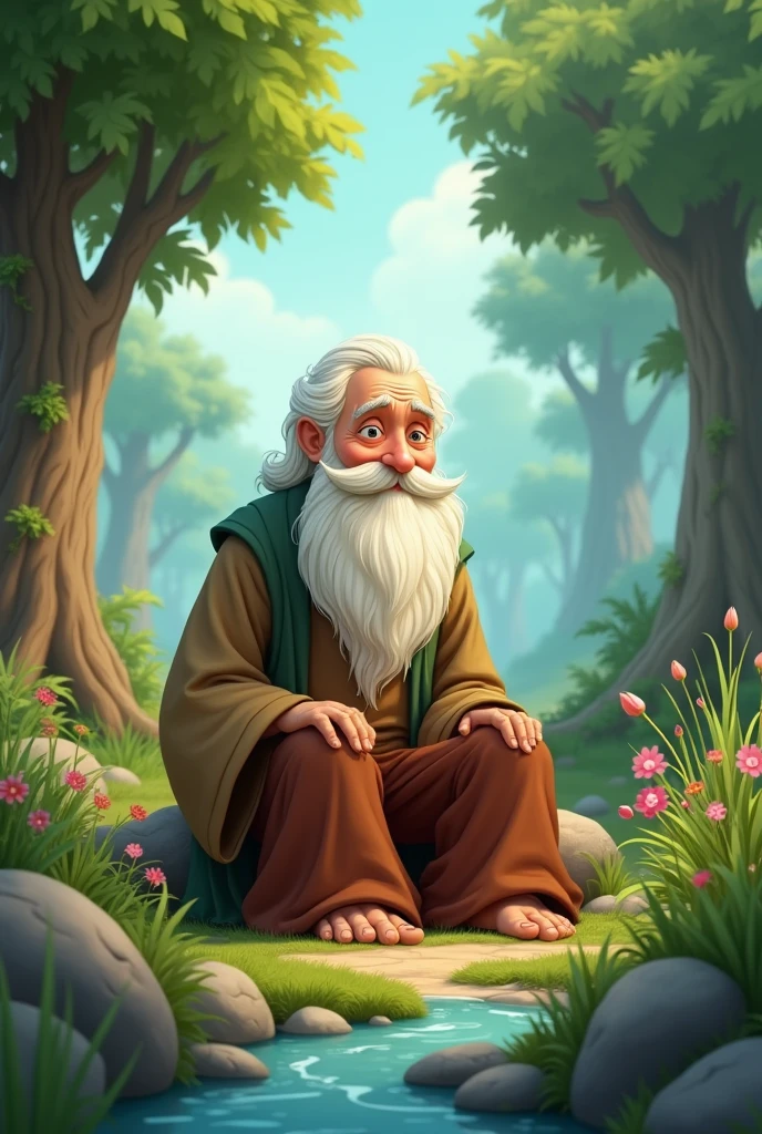 wise old man sitting in nature animation features