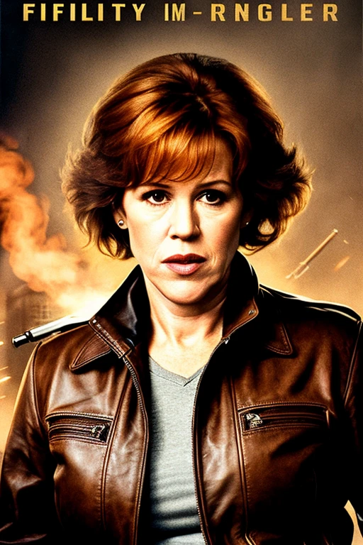 Realistic poster for film showing fifty-six-year-old Molly Ringwald, frowning, wearing brown leather jacket and jeans, holding a pump-action shotgun, extremely realistic, extremely detailed, extreme realism, extreme detail, extremely accurate resemblance, cinematic, Cannon Films vibes, urban setting, vigilante