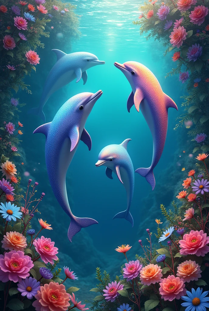 Dolphins with many colors, rainbow and flowers