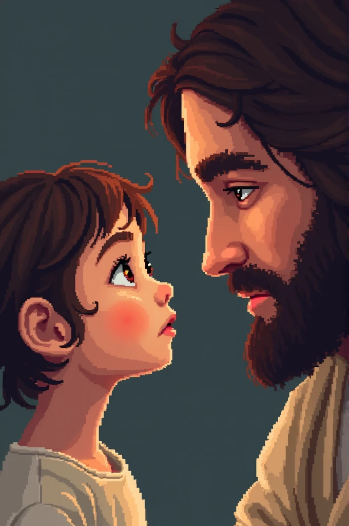 A child and Jesus looking into each other's eyes, images of only the face. pixel style
