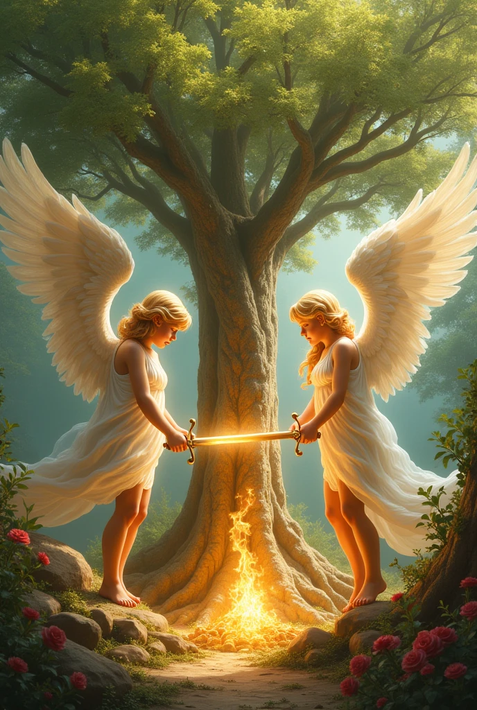 I want two Cherub Angel with a flaming sword of fire in his hand square the tree of life in the garden of Eden