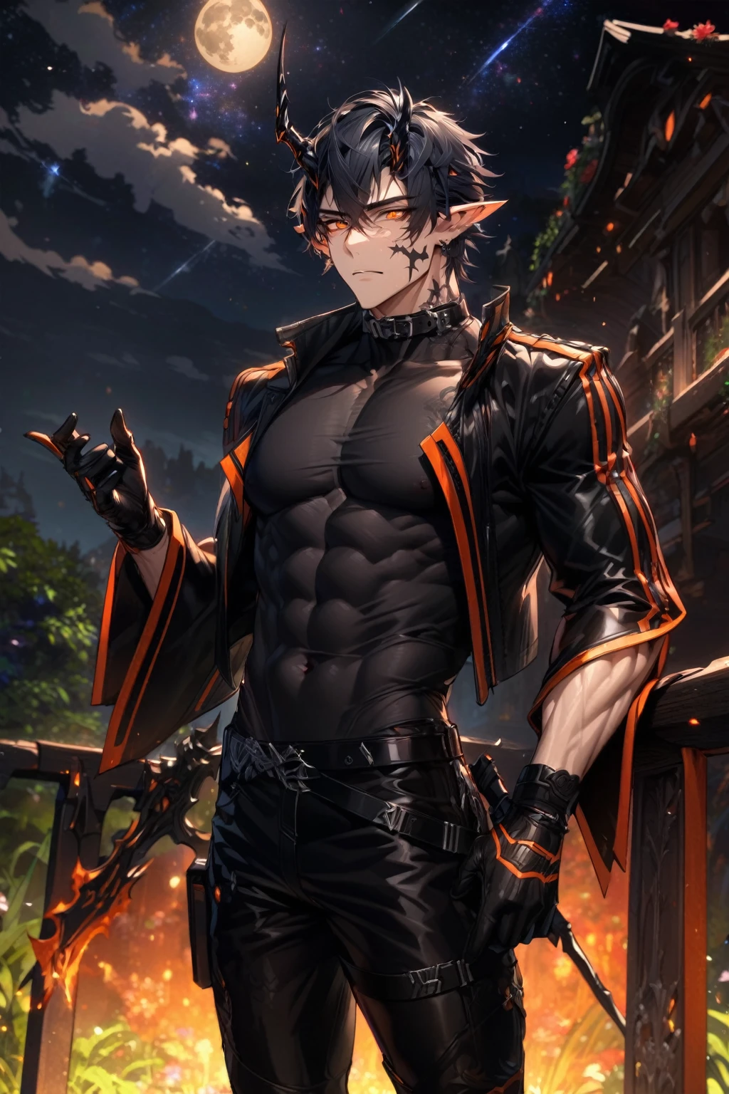 absurdres, highres, ultra detailed, HDR) master piece, best quality, extremely detailed, detailed face, detailed eyes, delicated features, Flamebringer, black hair, expressive orange eyes, Arknights, solo, sexy man, handsome, toned, manly man, sensual, adult face,black horns, slightly pointed ears, black marks on the face, cropped leather jacket with orange patterns, black tight turtleneck shirt, collar, black leather pants, night, garden, red flowers, fantasy, magical, moon, starry sky