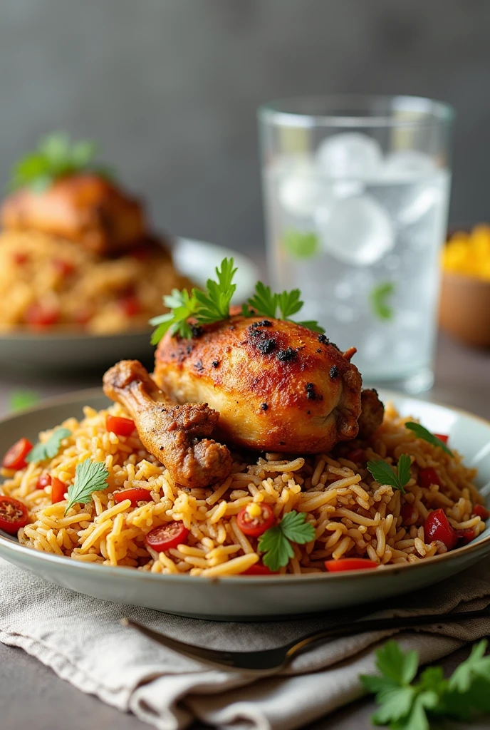 A Pakistani food briyani one plat at piece of roasted chicken with a fork and a sponge and a Glass of cook into ice of multiple pices