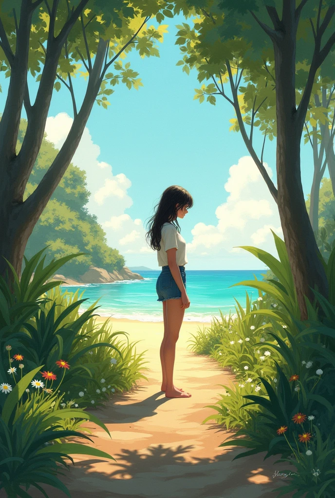 A skinny girl with a path in front of her that leads to the beach