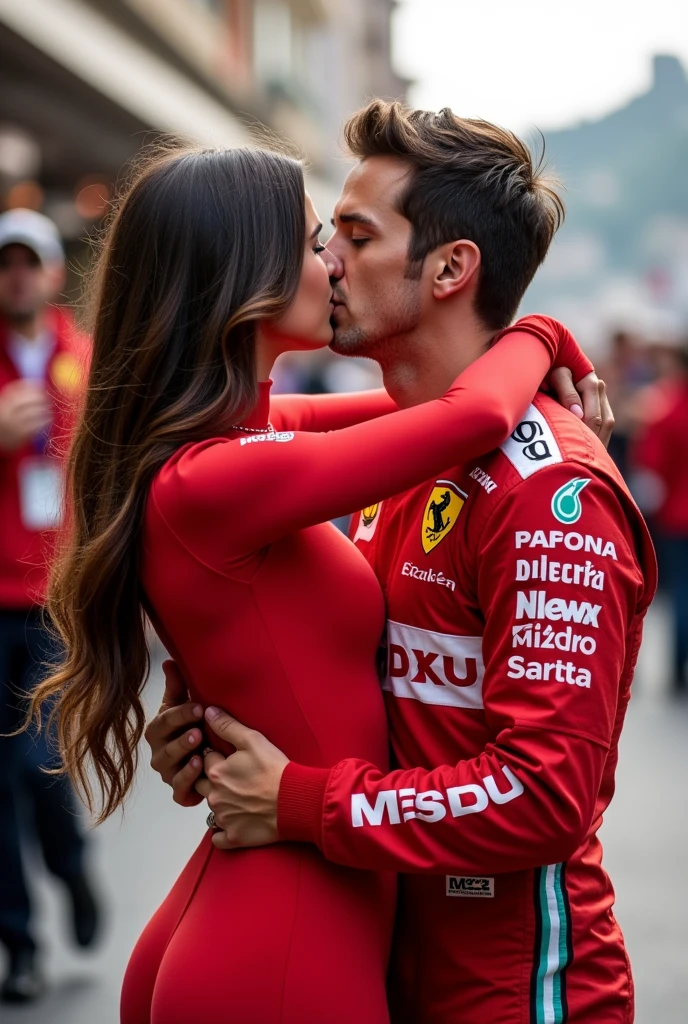 A picture of the driver Charles Leclerc after winning the Monaco race kissing a girl with long wavy chocolate brown hair wearing a short red dress