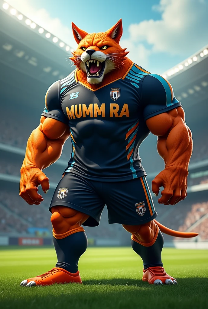 Soccer team mascot with black shirt with orange and  blue details with the words mumm ra written on it