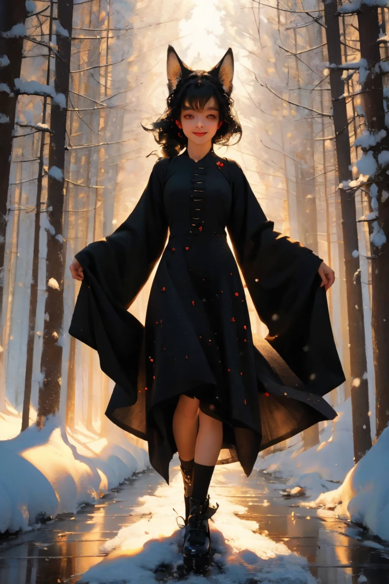 (​masterpiece:1.2), 4K, offcial art, textured skin, muito detalhado, Face with many details, ​masterpiece, best quality, (Amazingly absurd:1.2), 1 fox girl, evil grin, fox ears, long black hair, Long cute dress, Stand, dynamic pose:1, look down on the viewer, glowing eyes, Full body , bright dress, shiny hair, hairbow, black knee socks, soft colours, Kawaii, (snow:1), (woods:1.5), (natta:2)