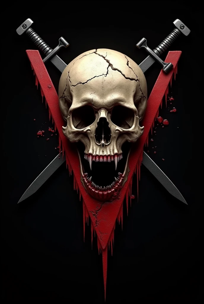 Make a realistic logo of a skull with an open mouth and tiny cracks that have blood stains around it. Have 2 straight black swords cross each other completely forming a V, then to the black background and a red V with realistic blood dripping into it forming a V for vendetta