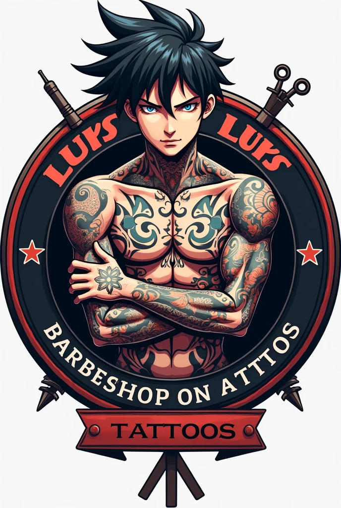 Create a circular logo with a 3D tattooed anime character design,  On the outside it will have the specific phrase:"luks barbershop and tattoos". And some tattoo machine designs and some scissors inside.