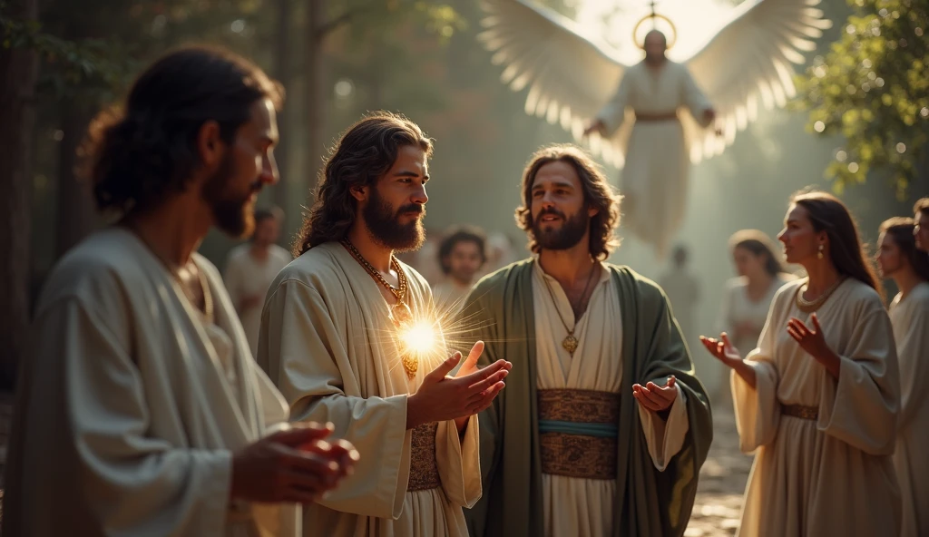 Create an ultra-realistic image of Jesus Christ, depicted as a compassionate and divine figure, embodying the essence of healing and love. He is dressed in traditional robes, with his heart radiating a powerful and warm light, symbolizing divine love and healing. Jesus extends his hands in a gesture of blessing, with a radiant aura emanating from his heart, touching the person before him and visibly healing them. The background is filled with a gentle, warm light, reflecting the peaceful and restorative power of Jesus. His expression is kind, wise, and full of divine assurance, representing the presence of health, peace, and the gratitude for the healing being received. energy, mystic, power, lights power, muita energia e luz na cena, sao anjos e santos atras abencoando