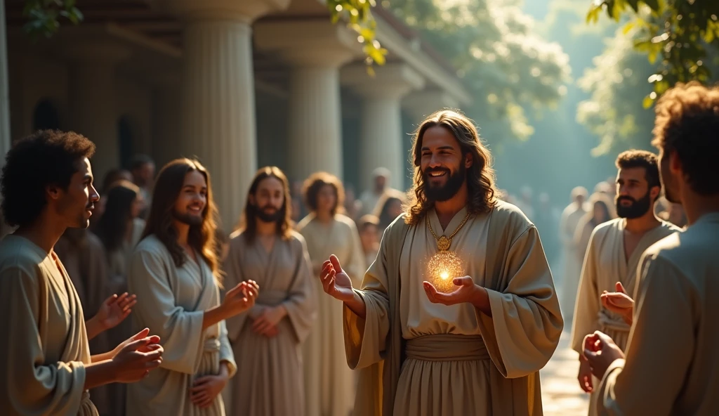 Create an ultra-realistic image of Jesus Christ, depicted as a compassionate and divine figure, embodying the essence of healing and love. He is dressed in traditional robes, with his heart radiating a powerful and warm light, symbolizing divine love and healing. Jesus extends his hands in a gesture of blessing, with a radiant aura emanating from his heart, touching the person before him and visibly healing them. The background is filled with a gentle, warm light, reflecting the peaceful and restorative power of Jesus. His expression is kind, wise, and full of divine assurance, representing the presence of health, peace, and the gratitude for the healing being received. energy, mystic, power, lights power, muita energia e luz na cena, sao anjos e santos atras abencoando