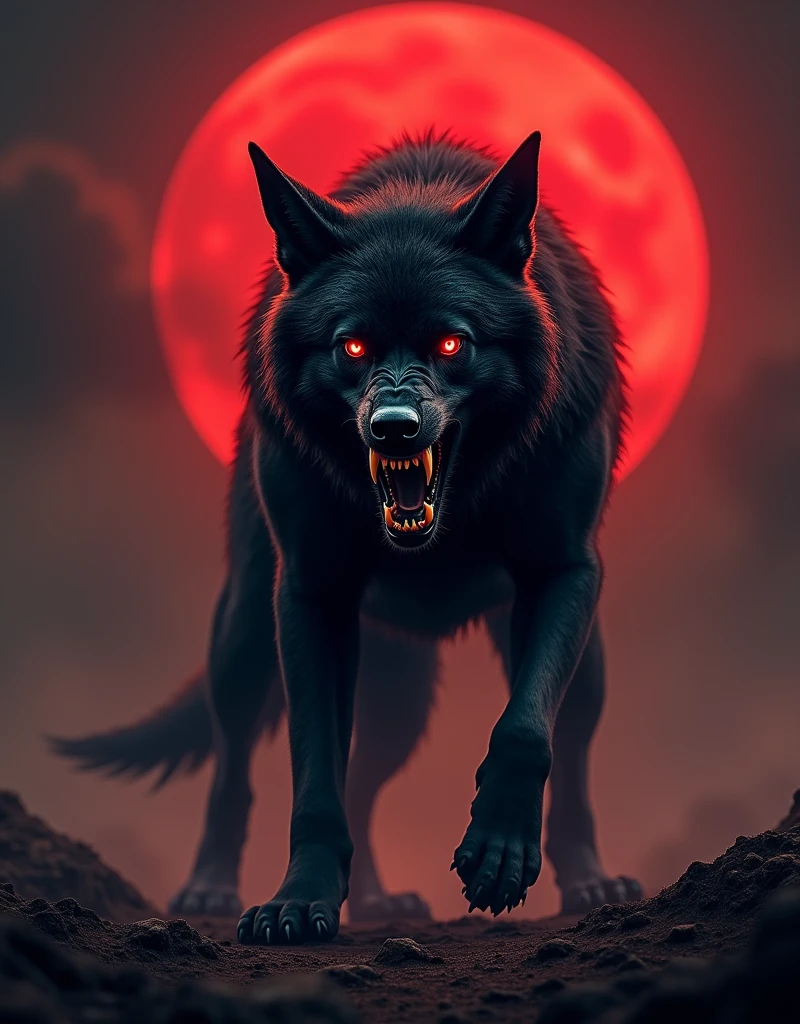 black Wolf, ferocious, anger, big teeth thin, Eyes red, natta, big red moon