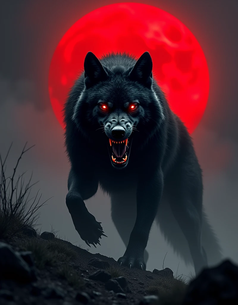 black Wolf, ferocious, anger, big teeth thin, Eyes red, natta, big red moon
