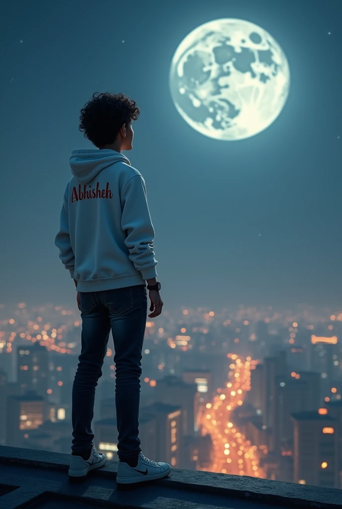 (photorealism:1.2), handsome boy, standing on the top of the roof, wearing white hoodie , black jeans, Curley hair, wearing watch,moon night, city flooded with lights in background, moon night, written 'Abhishek' in backside of hoodie, and watching straight with innocence face. Written 'khushi' on moonAlphonse Mucha