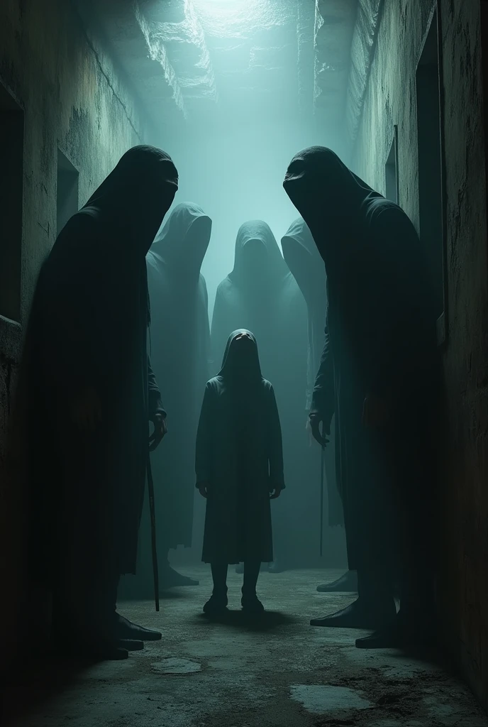 A shadowy people watching a scared person from a corner, the whole concept in a horror environment with hyper-realistic ET-style images