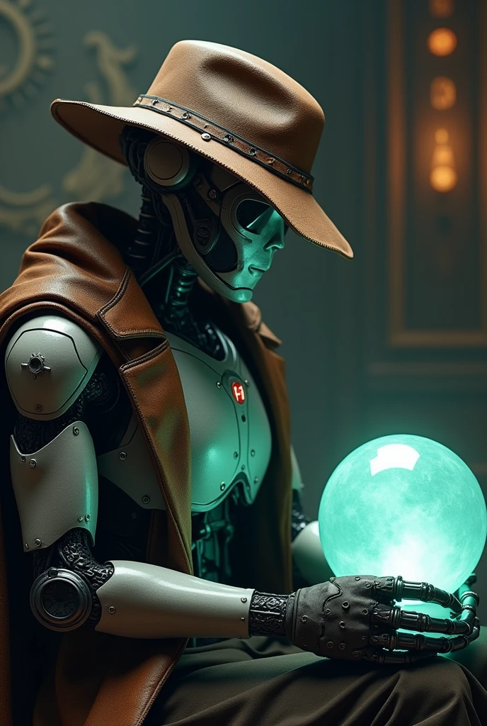 Create an image where there is a robot with a leather hat sitting next to the crystal ball