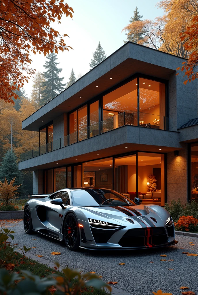 Imagine a sleek, modern nestled in a serene forest, surrounded by autumn leaves. The house, constructed with a mix of stone and glass, reflects the warm golden glow of the interior lights through large windows. Parked in front of this architectural marvel is a stunning silver sports car with black and red accents, adding a touch of elegance and speed to the tranquil setting. a perfect blend of nature, luxury, and performance."Feel free to modify it to suit your needs!