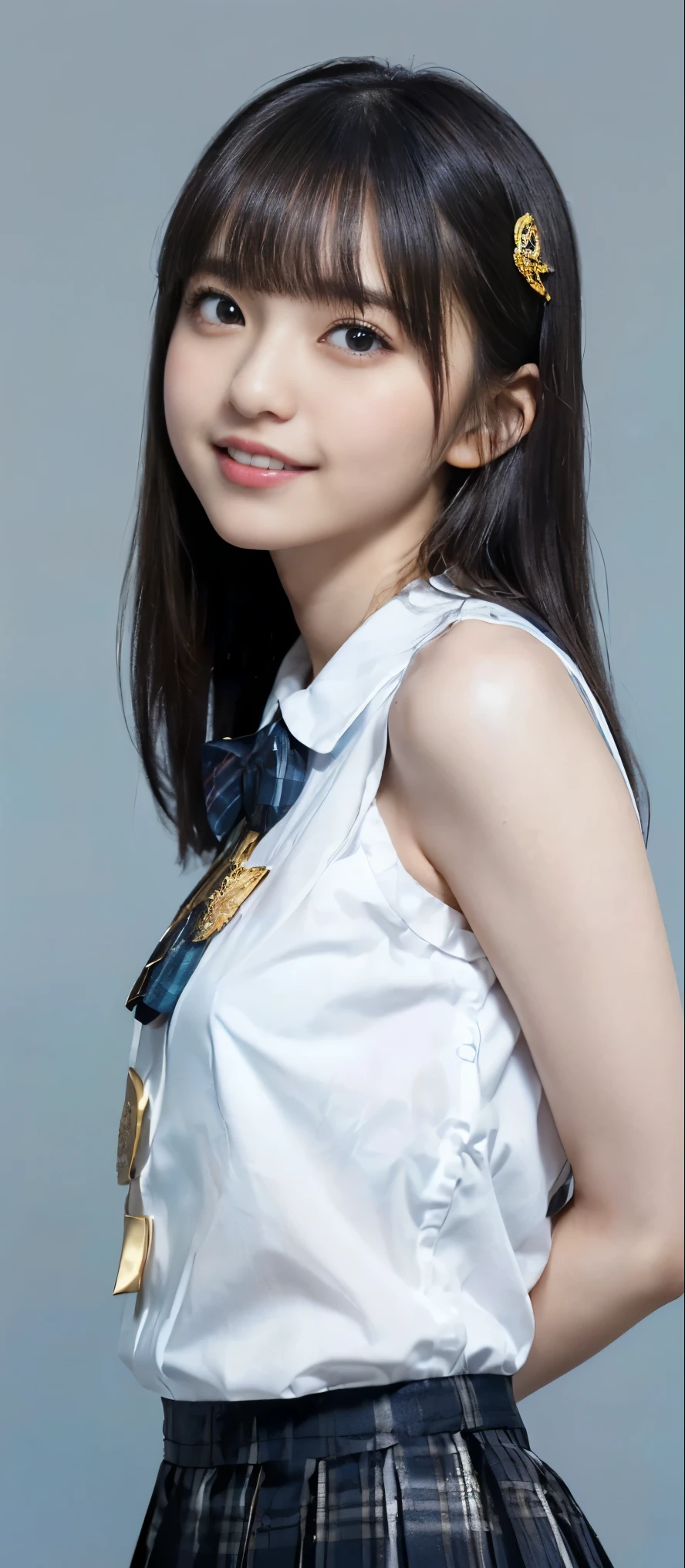 (Highest quality, masterpiece:1.2), Highest quality, Realistic, photograph, High resolution, 1080P, 8k, Physical Rendering, ((height: 155cm、Slim and slender style、medium firm chest)), ((((((Beautiful fashion models featured in Japanese fashion magazines。、Look directly at the viewer)))))), (((big, Very fine, Beautiful dark brown eyes))), ((((Everyone loves me、They are Laughter at me.!)))), Detailed fingers, (((length, Curled bangs))), ((((Very noble and cute eyes, Every detail is carefully drawn)))), ((double eyelid)), (((length eyelashes))), ((cute、Adorable、Adorable、Laughter、Laughter頬)), ((Pure white light hits my nose and cheeks. Her bare eyes and white skin are beautifully white...(((((No makeup))))))、 (((((Her face is very expressive、With a noble smile。, so sweet, very smart))))), ((((A striking plain navy large school ribbon bow tie)))), ((((A very beautiful long black hair fluttering in the wind)))),Show your ears、 (((((((She is wearing a formal blue and navy tartan pleated skirt.))))))), ((((The size is a bit small、She flips up her white sleeveless shirt with a gold emblem on it.、When you tuck it up, She shows off her beautiful small breasts.、Upper body nude)))), ((Natural、No makeup)), ((Girls exposing their breasts in the classroom)), ((From before, Create striking images..))