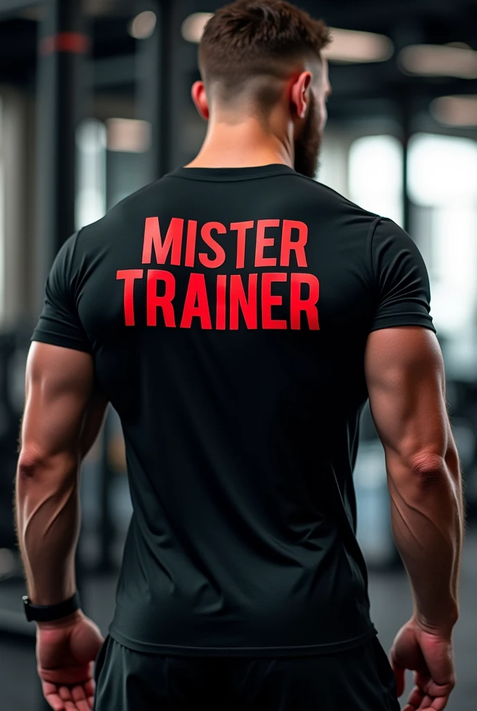 a shirt with mister trainer written on the back for the gym in red and black