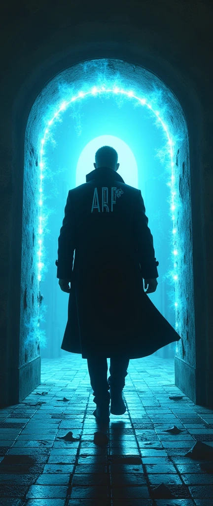 there is a man in an overcoat walking with his back to me, he is entering an interdimensional portal, he wears high boots, your coat is written "ARP" in back, He is tall, the portal has blue energy edges, He's in a harbor, the portal leads to a tiled room, noir style and investigation