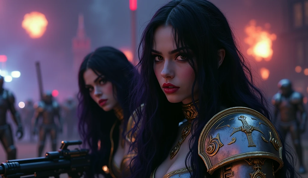 Masterpiece, Best Quality, Official Art, (Highly Detailed CG Unity 8k wallpaper), Detailed background, (Hands by Guido Daniele: 1.1). Full body pose sexy sisters of battle from the warhammer 40k, shooting at the enemy, white armor with intricate details, red armor with intricate details, religous symbols on the armor, sisters of battle, warhammer 40k, Massive silicone breast, pale skin, seductive, temptation, eat your soul, clevage, long flowing black hair with purple highlights, heavy gothic makeup, at night, neon, beautiful detailed eyes, beautiful detailed lips, extremely detailed eyes and face, long eyelashes, highly detailed armor, intricate futuristic weaponry, dramatic lighting, cinematic composition, muted color palette, gritty and realistic, mecha, science fiction, hyper-detailed, photorealistic, award winning digital art, 8k, HDR, masters work, in the middle of a battle field, full body combat action pose, explosions and fire around, full war, stunning, Stilleto heels, high heels, full body pose, cinematic, movie trailer, final stand!, nemesis, ready to strike, dust and debree, combat screams, attacking, shooting at the enemy, running forward, last line of defense, charging, fanatic, religious, templar knights, sisters of battle, warhammer 40k