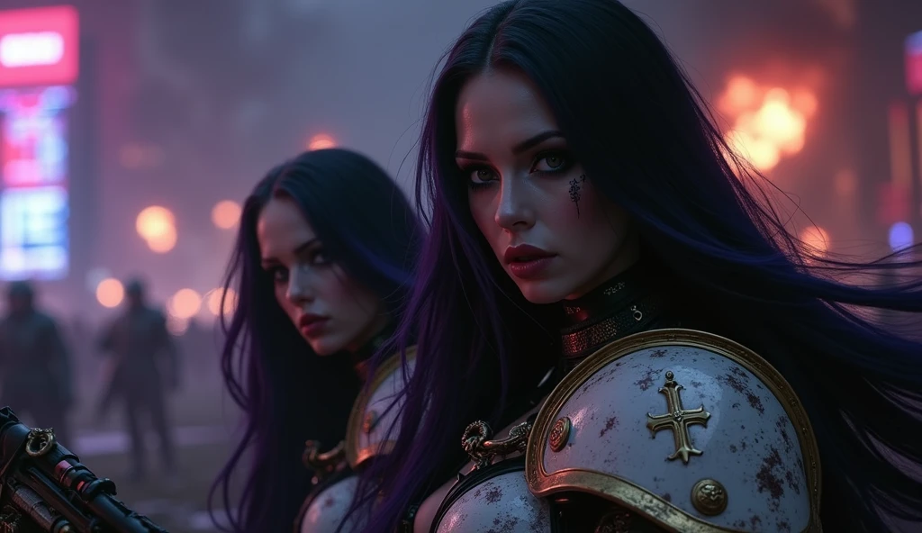Masterpiece, Best Quality, Official Art, (Highly Detailed CG Unity 8k wallpaper), Detailed background, (Hands by Guido Daniele: 1.1). Full body pose sexy sisters of battle from the warhammer 40k, shooting at the enemy, white armor with intricate details, red armor with intricate details, religous symbols on the armor, sisters of battle, warhammer 40k, Massive silicone breast, pale skin, seductive, temptation, eat your soul, clevage, long flowing black hair with purple highlights, heavy gothic makeup, at night, neon, beautiful detailed eyes, beautiful detailed lips, extremely detailed eyes and face, long eyelashes, highly detailed armor, intricate futuristic weaponry, dramatic lighting, cinematic composition, muted color palette, gritty and realistic, mecha, science fiction, hyper-detailed, photorealistic, award winning digital art, 8k, HDR, masters work, in the middle of a battle field, full body combat action pose, explosions and fire around, full war, stunning, Stilleto heels, high heels, full body pose, cinematic, movie trailer, final stand!, nemesis, ready to strike, dust and debree, combat screams, attacking, shooting at the enemy, running forward, last line of defense, charging, fanatic, religious, templar knights, sisters of battle, warhammer 40k