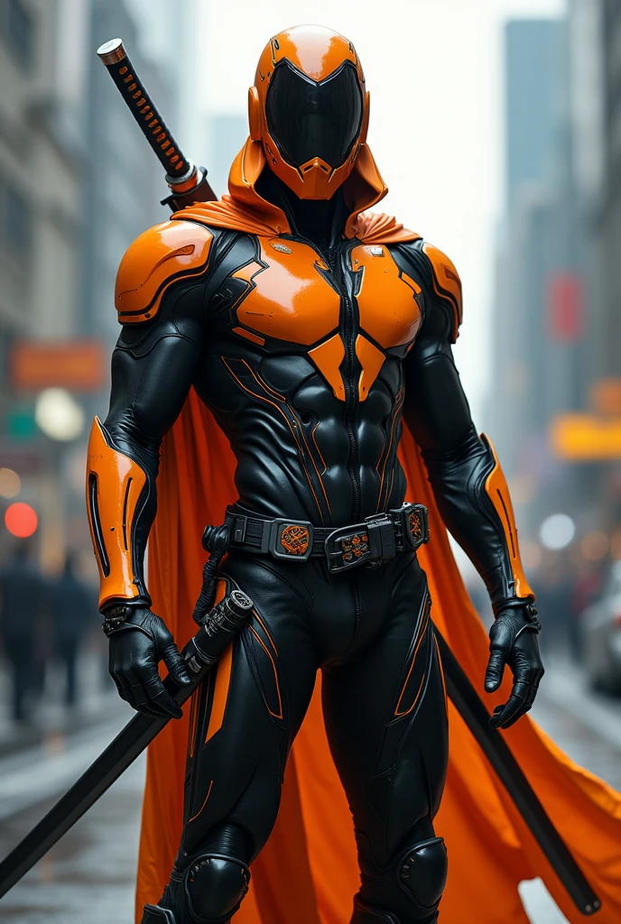 Male Villain with Orange and black tech suit for speed, sleeknand slim, helmet with face covered and dual katanas at his waist