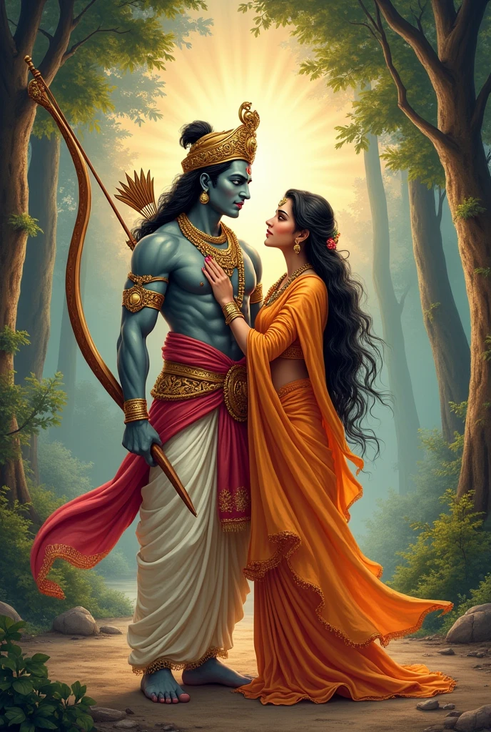 "Illustrate Lord Ram and Sita in a classic, traditional style. Depict Ram as a regal figure with a bow and arrow, wearing rich, ornate attire. Show Sita in a flowing saree, radiating grace and elegance. Place them in a serene, lush forest setting or a divine landscape, with a background that evokes a sense of tranquility and spirituality. Their expressions should reflect love, strength, and devotion, capturing the essence of their epic story."