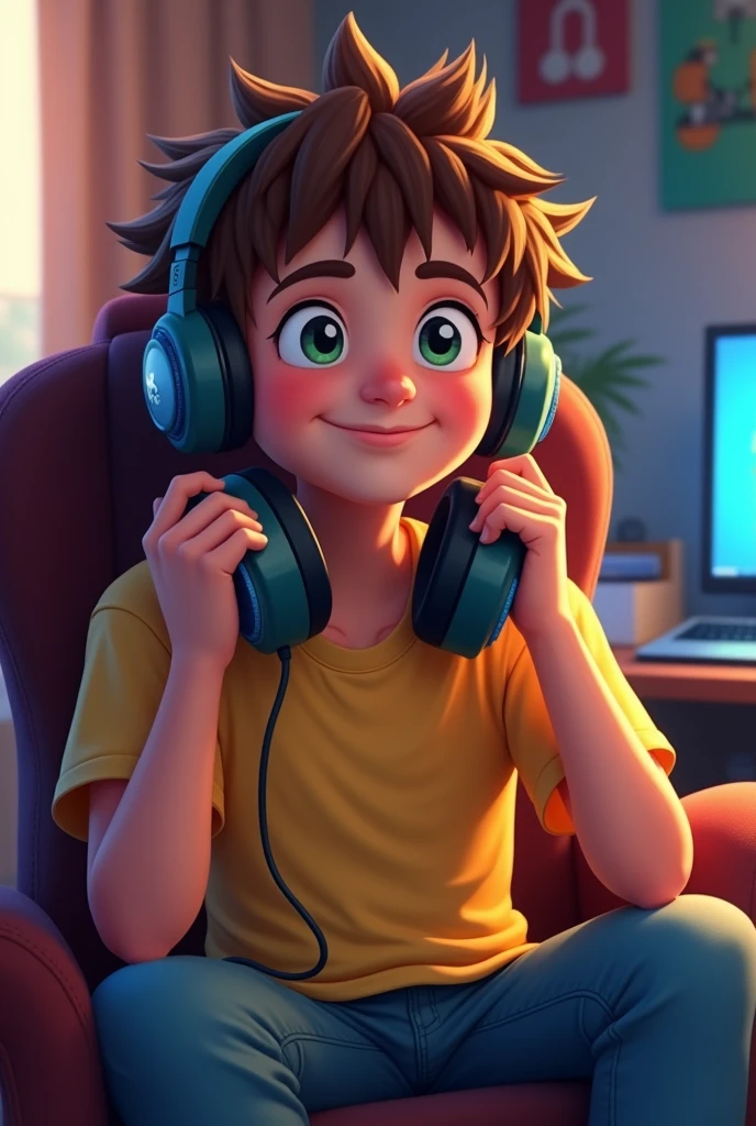 A gamer kid with headphones around his neck 