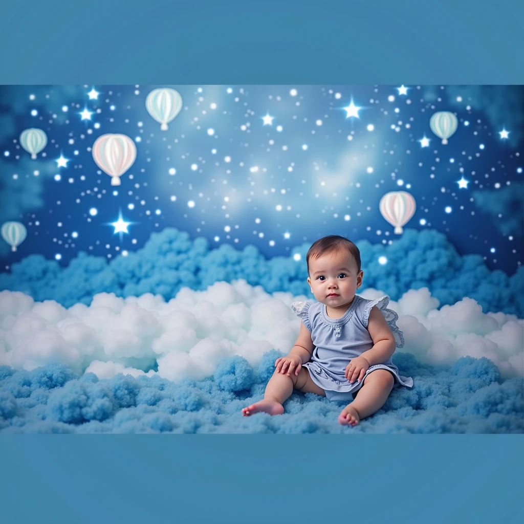 arafed baby sitting in front of a backdrop of hot air balloons and stars, a portrait by Julia Pishtar, shutterstock, surrealism, blue backdrop, lie on white clouds fairyland, portrait photo of a backdrop, portrait shot, blue themed, with a blue background, cyan photographic backdrop, cute boy, bright sky, mid shot portrait, portrait image