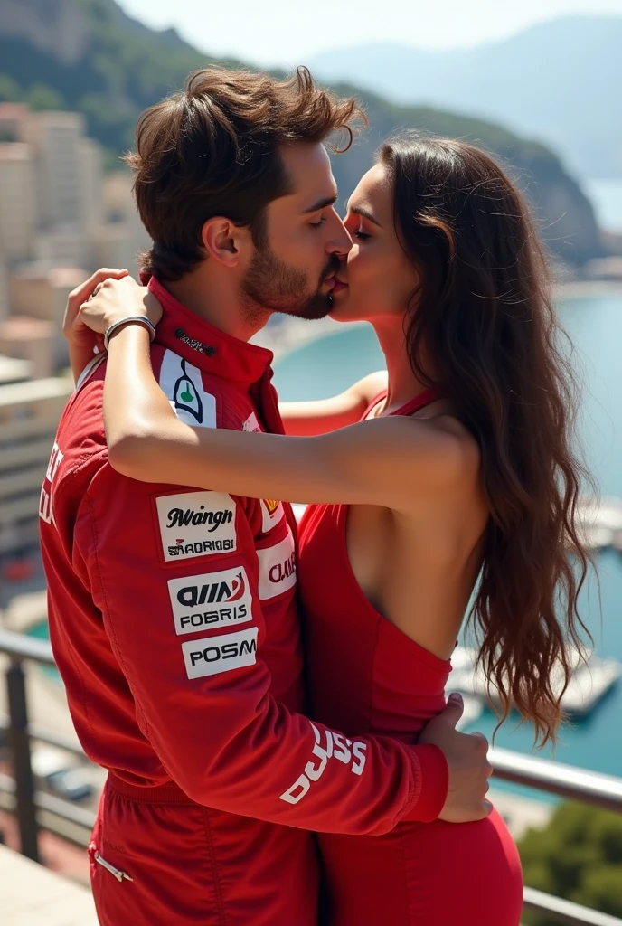 A picture of the driver Charles Leclerc after winning the Monaco race kissing a girl with long wavy chocolate brown hair wearing a short red summer dress 