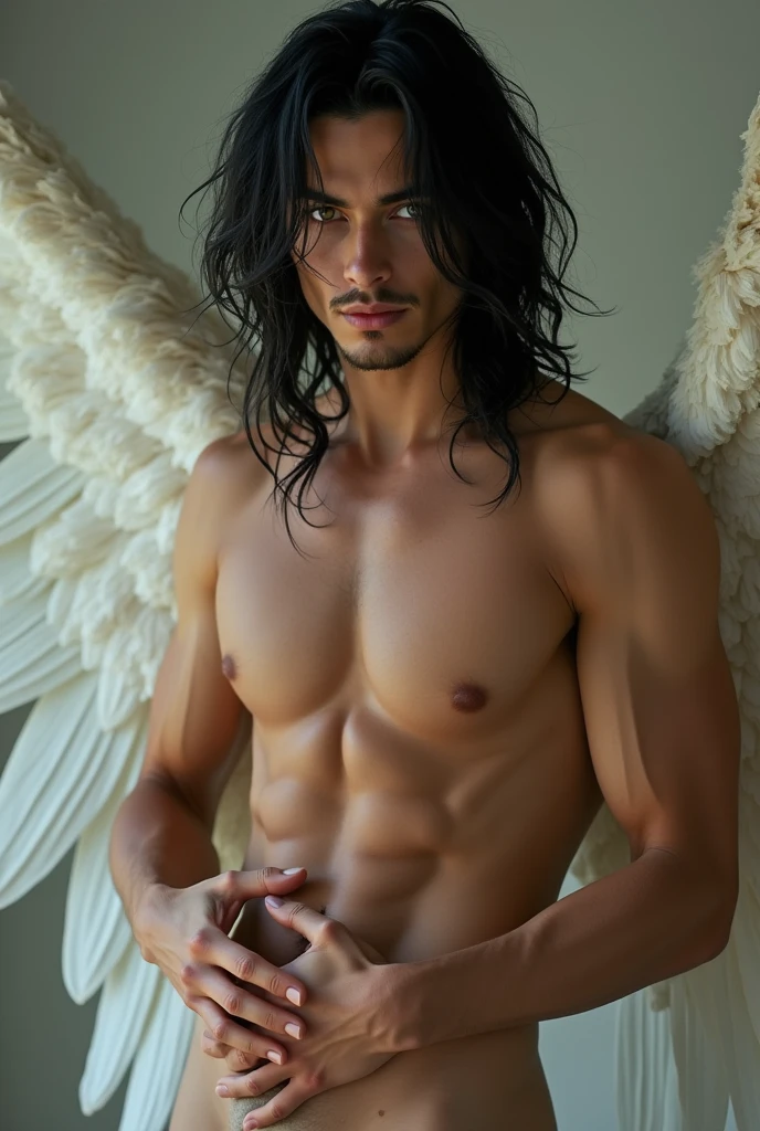 A completely naked 20 year old man with beautiful long black hair and amber-yellow eyes, muscle, sexly, sexly, with two translucent wings, one of his hands holds his penis and the other near his chest. The man is completely naked