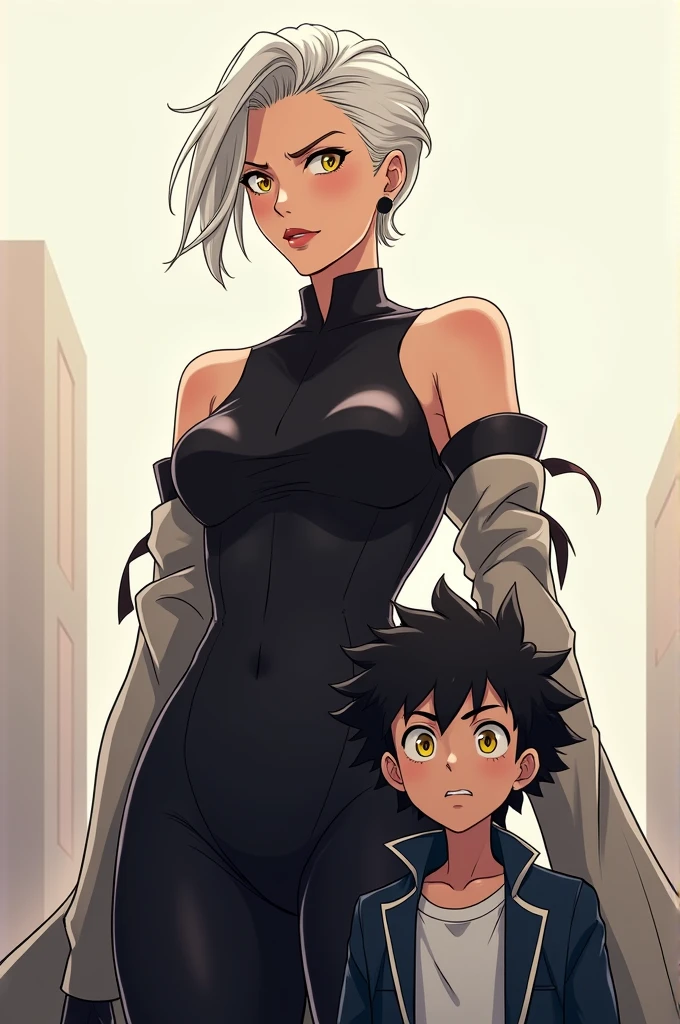 You can generate an image of a lady with a slicked back hairstyle, short white hair, yellow eyes, dressed elegantly, and at her side a boy taller than the woman, with simple clothing, nervous appearance, yellow eyes and white hair, in the style of my hero academia