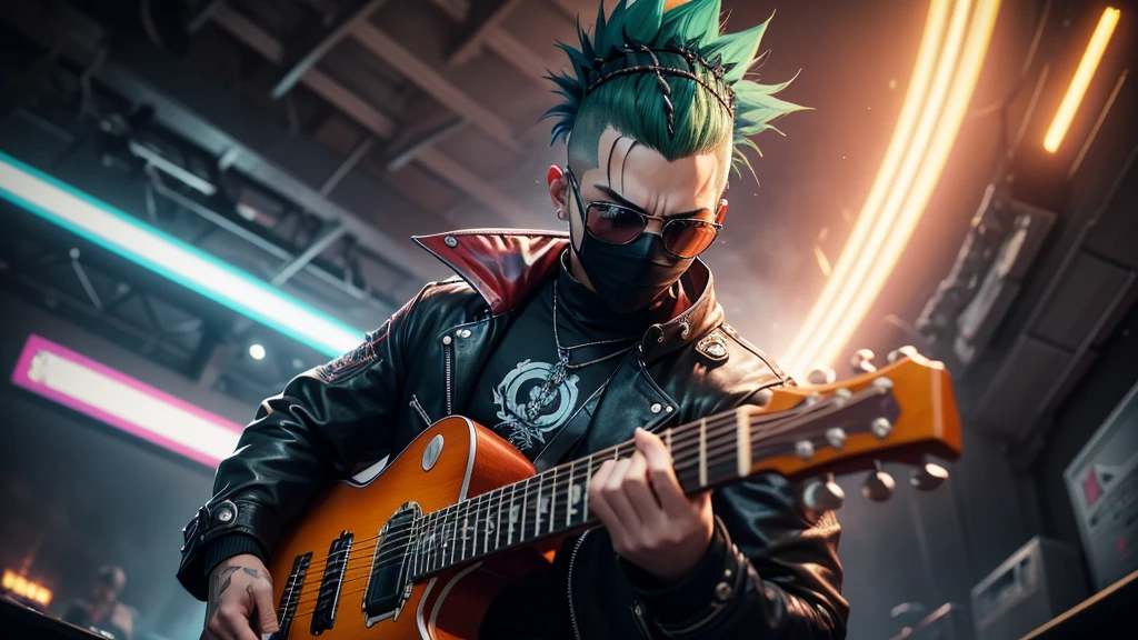 best qualityer) (Extra High Definition) green mohawk hair with mask, estilo dark, Blue details of black outfit, looking at you, Guitar in hand, stage band, Draw a high definition anime style scene (Full HD) which depicts a character with a mohawk, green mohawk style, playing a red electric guitar in a style similar to the game "guitar hero". The character, wearing sunglasses, must be in a dynamic and exciting pose, with your eyes focused on the screen in front of you. The surrounding landscape should be vibrant and full of energy, with flashy visual effects to represent the intensity of the music. The character deve estar imerso na música, displaying expressions of concentration and emotion while mastering the notes. Os espectadores, se houver, can be shown briefly on the sides, reacting to performance with enthusiasm. The general atmosphere should convey the excitement and fun of the moment., with a background that refers to the cyberpunk style, with highlighted futuristic and neon elements. background Imagine a photograph of a teenager's bedroom that embodies the essence of gothic and rock aesthetics. The image is taken in an atmospheric and dimly lit style., with deep shadows and warm golden lighting. the room is a mixture of chaos and order, with battery, guitars and amplifiers scattered throughout the space. to bed, a black monstrosity with a metal frame,