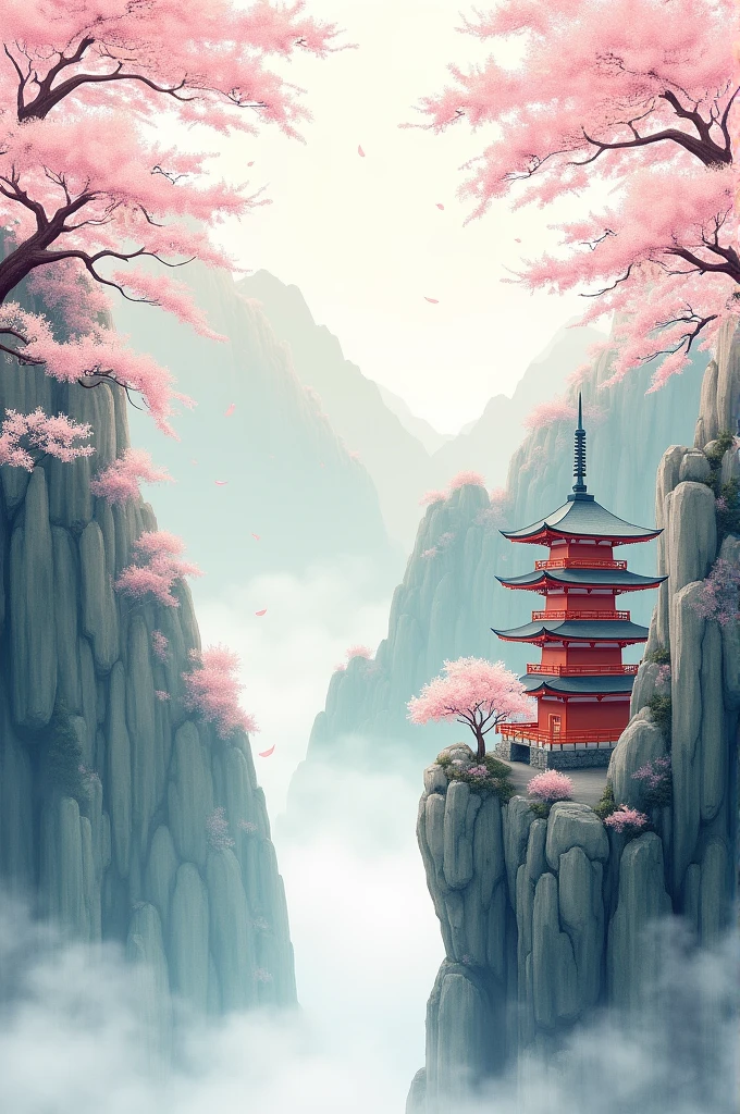 cherry blossoms on a cliff, pagoda with red roof at the foot, fog in the background, chinese watercolor