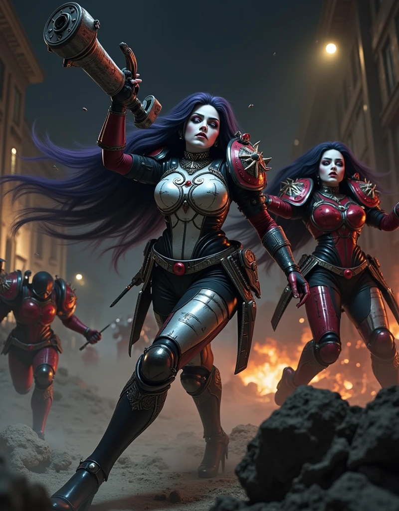 Masterpiece, Best Quality, Official Art, (Highly Detailed CG Unity 8k wallpaper), Detailed background, (Hands by Guido Daniele: 1.1). Full body pose sexy sisters of battle from the warhammer 40k, shooting at the enemy, white armor with intricate details, red armor with intricate details, religous symbols on the armor, sisters of battle, warhammer 40k, Massive silicone breast, pale skin, seductive, temptation, eat your soul, clevage, long flowing black hair with purple highlights, heavy gothic makeup, at night, neon, beautiful detailed eyes, beautiful detailed lips, extremely detailed eyes and face, long eyelashes, highly detailed armor, intricate futuristic weaponry, dramatic lighting, cinematic composition, muted color palette, gritty and realistic, mecha, science fiction, hyper-detailed, photorealistic, award winning digital art, 8k, HDR, masters work, in the middle of a battle field, full body combat action pose, explosions and fire around, full war, stunning, Stilleto heels, high heels, full body pose, cinematic, movie trailer, final stand!, nemesis, ready to strike, dust and debree, combat screams, attacking, shooting at the enemy, running forward, last line of defense, charging, fanatic, religious, templar knights, sisters of battle, warhammer 40k