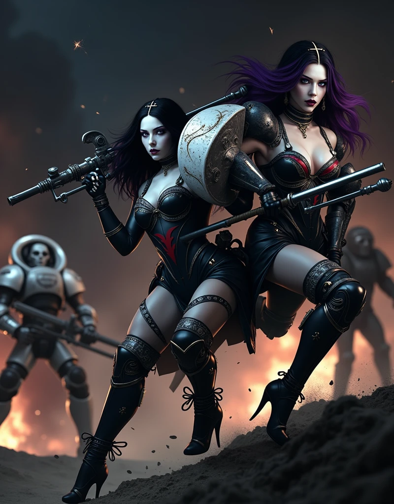 Masterpiece, Best Quality, Official Art, (Highly Detailed CG Unity 8k wallpaper), Detailed background, (Hands by Guido Daniele: 1.1). Full body pose sexy sisters of battle from the warhammer 40k, shooting at the enemy, white armor with intricate details, red armor with intricate details, religous symbols on the armor, sisters of battle, warhammer 40k, Massive silicone breast, pale skin, seductive, temptation, eat your soul, clevage, long flowing black hair with purple highlights, heavy gothic makeup, at night, neon, beautiful detailed eyes, beautiful detailed lips, extremely detailed eyes and face, long eyelashes, highly detailed armor, intricate futuristic weaponry, dramatic lighting, cinematic composition, muted color palette, gritty and realistic, mecha, science fiction, hyper-detailed, photorealistic, award winning digital art, 8k, HDR, masters work, in the middle of a battle field, full body combat action pose, explosions and fire around, full war, stunning, Stilleto heels, high heels, full body pose, cinematic, movie trailer, final stand!, nemesis, ready to strike, dust and debree, combat screams, attacking, shooting at the enemy, running forward, last line of defense, charging, fanatic, religious, templar knights, sisters of battle, warhammer 40k