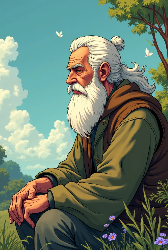 wise old man sitting pose profile in nature animation comic line comic book